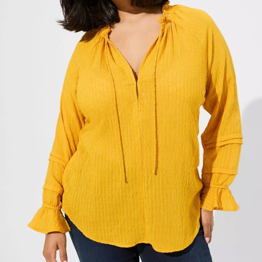 Torrid Stripe Gauze Lace-Up Peasant Mineral Yellow Blouse Ladies 0